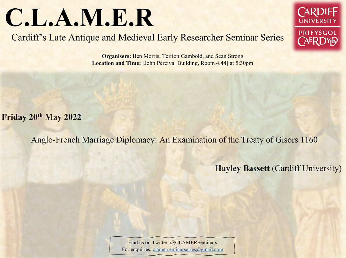 CLAMERSeminars's tweet photo. Next Friday, we remain in Western Europe... and we are delighted to have with us @BassettHayleye, who will be delivering a paper on #Medieval marriage and #diplomacy!

If you are in Cardiff, please join us in John Percival! #Queenship #Treaties #MedievalTwitter https://t.co/8ko0ntVT6b