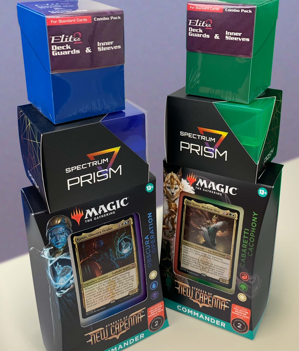 Team_BCW's tweet photo. Follow &amp; retweet for a chance to win 2 #MTGCapenna precon Commander decks, 2 Prism Deck Cases, &amp; 2 BCW Elite2 Combo Packs (100 sleeves &amp; inner sleeves). 1 winner randomly selected Monday, May 16th. https://t.co/kUAOHBGUny