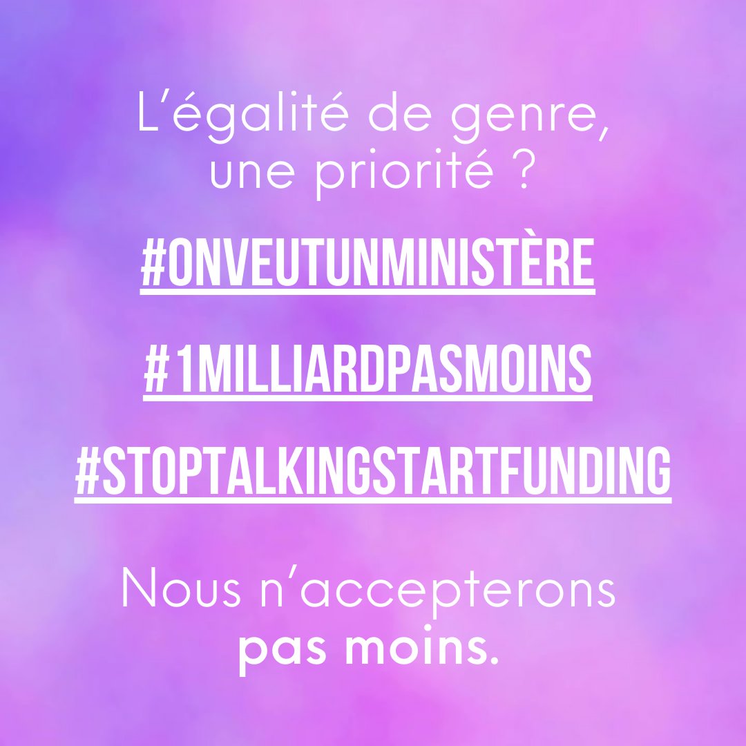 L’égalité de genre, une priorité pour <a href="/EmmanuelMacron/">Emmanuel Macron</a> ? Nous n’accepterons pas moins qu’1 ministère dédié et une ⬆️ des financements, dont le milliard contre les violences réclamé par les féministes ! #Stoptalkingstartfunding #1Milliardpasmoins #Onveutunministère
#ecouteznousbien