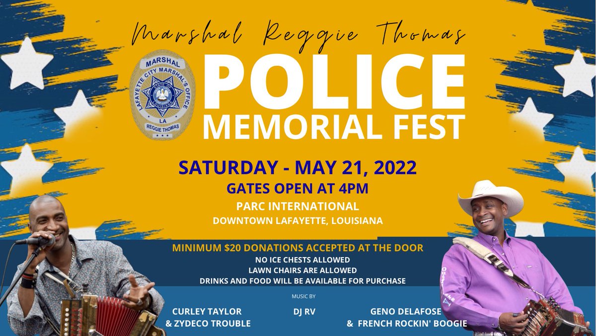 MarshalRThomas's tweet photo. Bring your lawn chairs and leave your ice chests at home. 10 and under come in for free. 

See you on the 21st!

#Zydeco #GoodTimes #PoliceMemorial #MarshalThomas https://t.co/biLtt6Whme