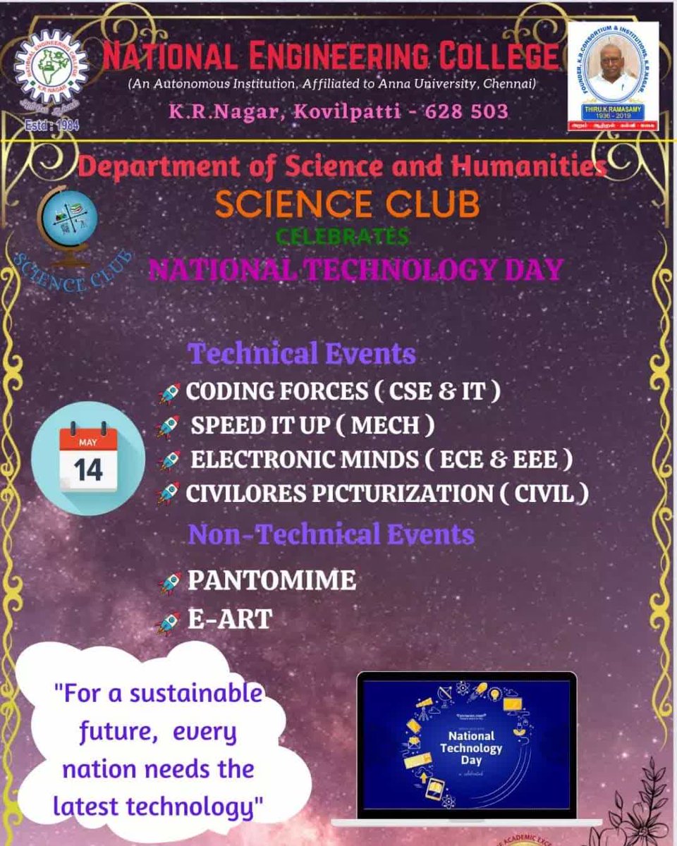 NECKVP's tweet image. National Technology day celebration🎊 
.................
Choose Engineering! Choose NEC!

For more details visit: nec.edu.in
#admissionsopen2022_23
#TechnologyDay2022 
#ScienceClub 
#nationalengineeringcollege #engineering_at_NEC
#ThinkEEEthinkNEC