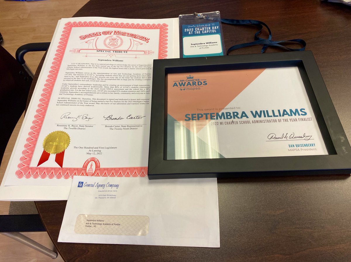 SuptSeptembra's tweet photo. I am grateful! 
Yesterday was a powerful day. Charter Day at the Capital, fighting for the rights of Charter Schools and being celebrated as a finalist for Administrator of the Year. 🤗🤗
Thank you MAPSA, Senator Bayer,  State Rep.  Carter and General Agency Insurance. https://t.co/9ji4rTiIt4