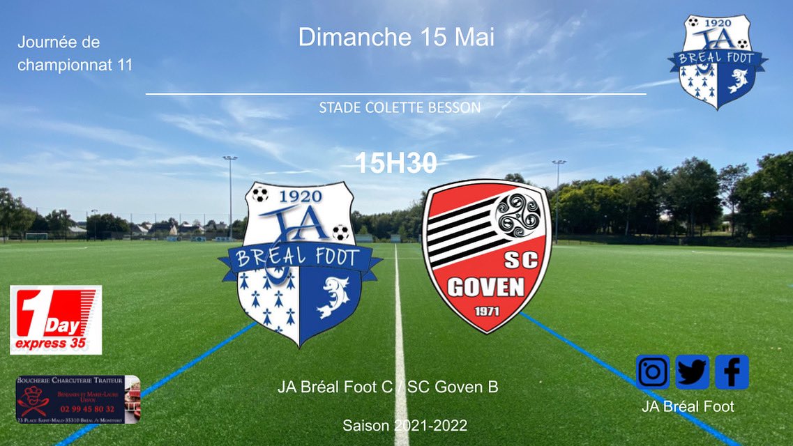 FootJa's tweet image. ⚽️ Programme séniors 
Dimanche 15 mai

- Sénior A 15h30 à Retiers :  Retiers Coesmes vs JA Bréal 
- Sénior B 13h30 à Mordelles : Mordelles FC 2 vs JA Bréal
- Sénior C 15h30 à Bréal : JA Bréal vs Goven SC 2