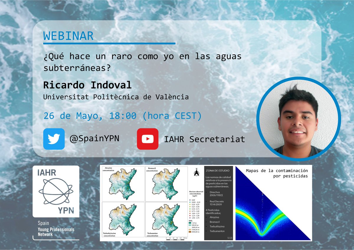 SpainYPN's tweet photo. 📣 Nuevo webinar de la @SpainYPN!!

🤔 "¿Qué hace un raro como yo en las #aguas #subterráneas?". El ponente de esta curiosa presentación será @RIndoval, de la @UPV @iiama_upv  

📅 Jueves, 26 de mayo a las 18:00 (CEST)
📝 Inscripción: https://t.co/dQkfNYwkVB https://t.co/eXlJE8vBPu
