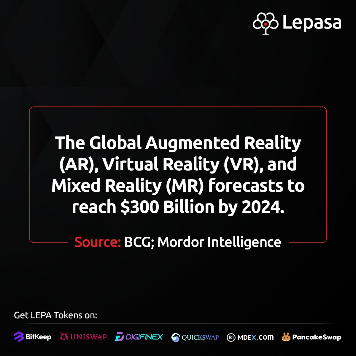 The Global Augmented Reality (AR), Virtual Reality (VR), and Mixed Reality (MR) forecasts to reach $300 Billion by 2024. 
Source: BCG; Mordor Intelligence 

#AR #VR #VirtuallyReal #NotJustJPEGs #MetaverseNFT