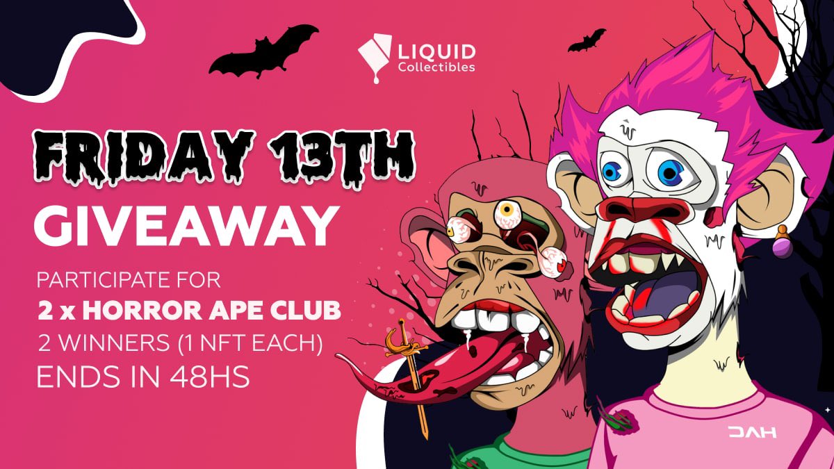 OnchainGambling's tweet photo. It's Friday the 13th! We're feeling spooky 👻

To celebrate, we partnered with @LiqCollectibles to giveaway 2x #HorrorApes 

To enter👇
- Follow us &amp; @LiqCollectibles 
- Join both TG: https://t.co/ii5kuSSqpo &amp; https://t.co/Rm8tXw0zbe
- Like + RT
- Tag 3 frends &amp; comment your TG https://t.co/194AgV6pZo