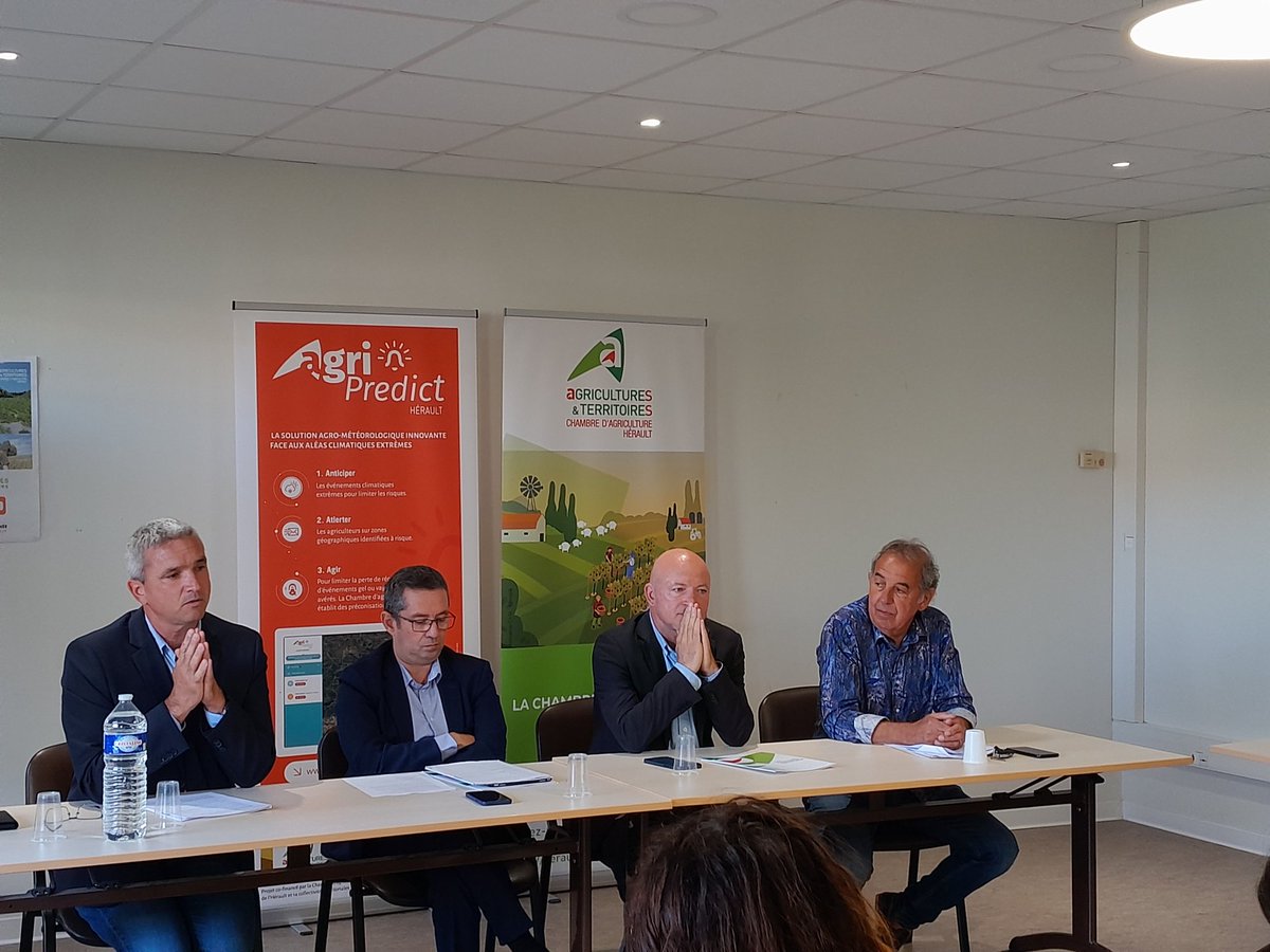 chambagri34's tweet photo. #agripredict 18 mois après son lancement, anticiper les aléas climatiques extrêmes pour en diminuer les conséquences sur les cultures. "L'outil est gratuit pour tous les vitis et arbos de l'herault, que chacun ait le 1er niveau d'information et dispose de conseils pratiques" https://t.co/J7XwwGl08s