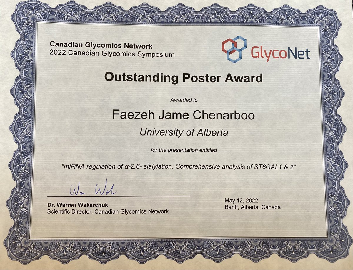 Faezeh_Jame's tweet photo. I’m pleased to receive #CGSBanff Outstanding Poster Award. I would like to thank to my supervisor, Prof. Lara Mahal @glycocode. 
Glyconet @glyconet_nce for hosting the great symposium, Mahal group members, awesome colleagues! https://t.co/i1AvLH5337
