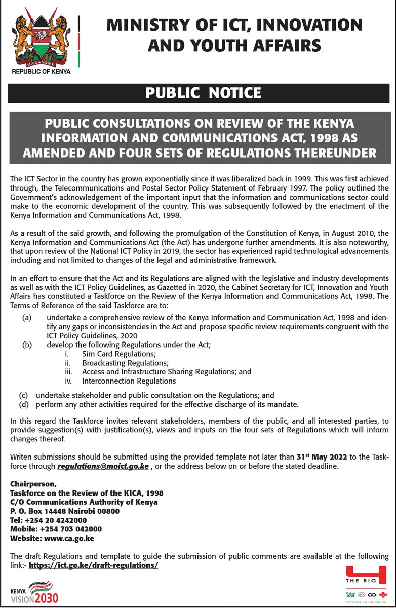 NCS_Kenya's tweet photo. PUBLIC NOTICE: @MoICTKenya invites public comments on #draft #regulations on #SimCardRegistration, #Broadcasting, #Access + #InfrastructureSharing & #Interconnection. Available online: https://t.co/ZifaugMGsb - Deadline for comments: 31st May 2022. #KICAReview @d_obam @CA_Kenya https://t.co/6PwpZwNaB0