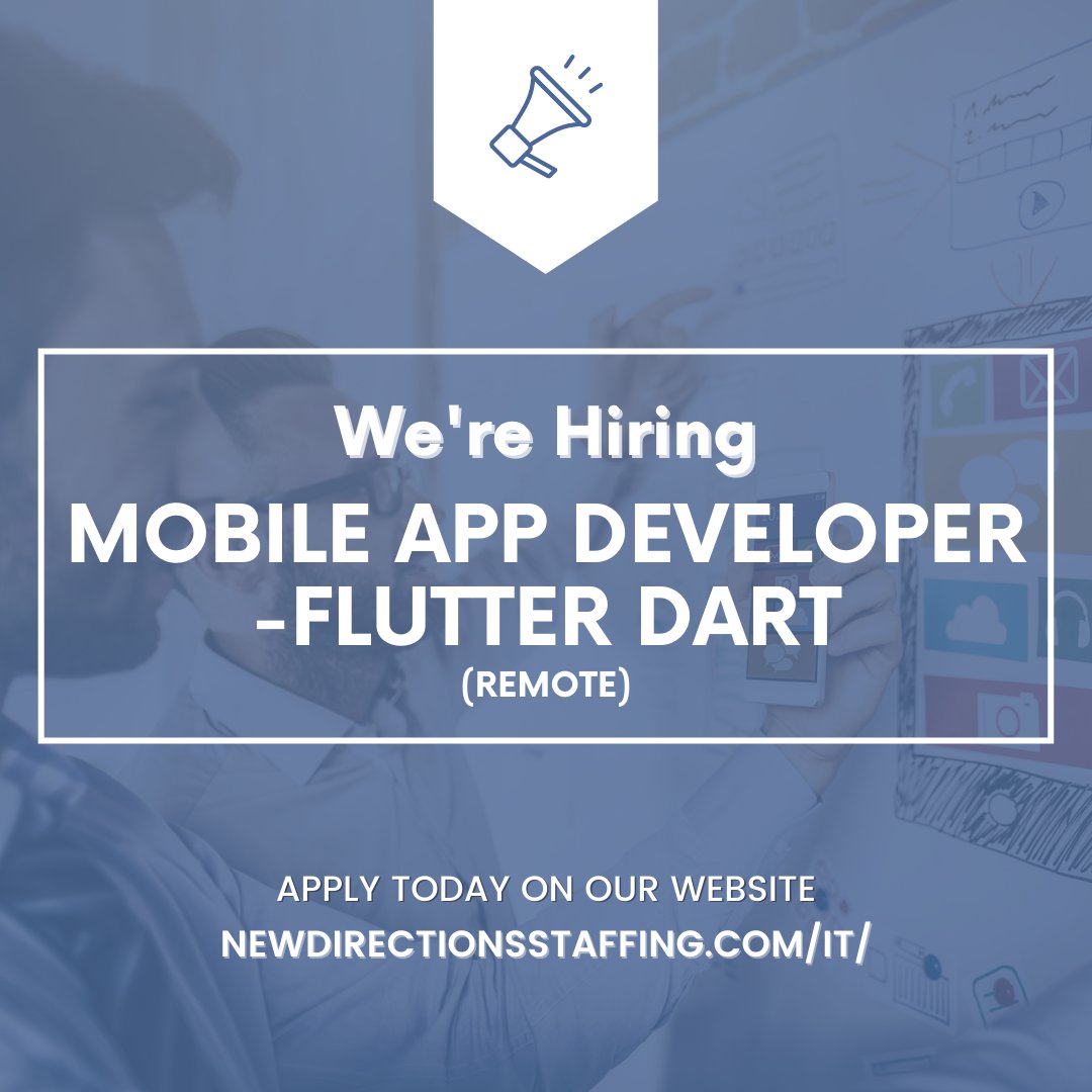 NewDirectionsIT's tweet image. We are hiring!
Mobile App Developer - Flutter Dart
*Remote*
Learn more and apply: bit.ly/3Mc1ByK
#appdeveloper #remotejob #flutterdart #tech #techjob #hiring #hire #recruiting