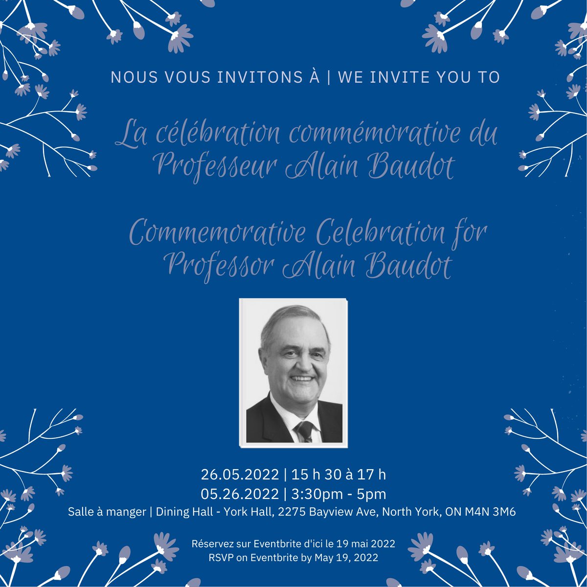 GlendonCampus's tweet image. We invite you to a Celebration of the life of Professor Emeritus Alain Baudot on Thursday, May 26 from 3:30 p.m. to 5 p.m. 

Alain was one of the very first professors at Glendon and an important pillar of the #Glendon community. 

Register by May 19: bit.ly/3N5RtHT