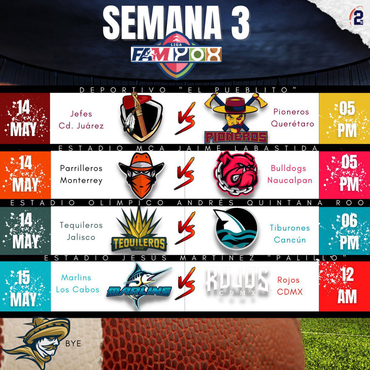 2PFootballCamp's tweet photo. 🇲🇽 SEMANA 3 FAM-YOX 🔥

En este fin los Bulldogs intentarán quitarle el invicto a los Parrilleros 👀 

¿Lograrán su primer victoria? 🏆🤔

Los @TiburonesCancun recibirán a los Tequileros para su primer partido en casa, ¿quién tendrá la victoria? 😎 https://t.co/frtPQ9ibp8