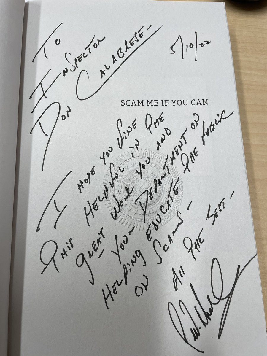 MPPDCalabrese's tweet image. How cool is this? We did a story on scams with @MoultrieNews and I received this book from Frank Abagnale after he read the article. Thank you!