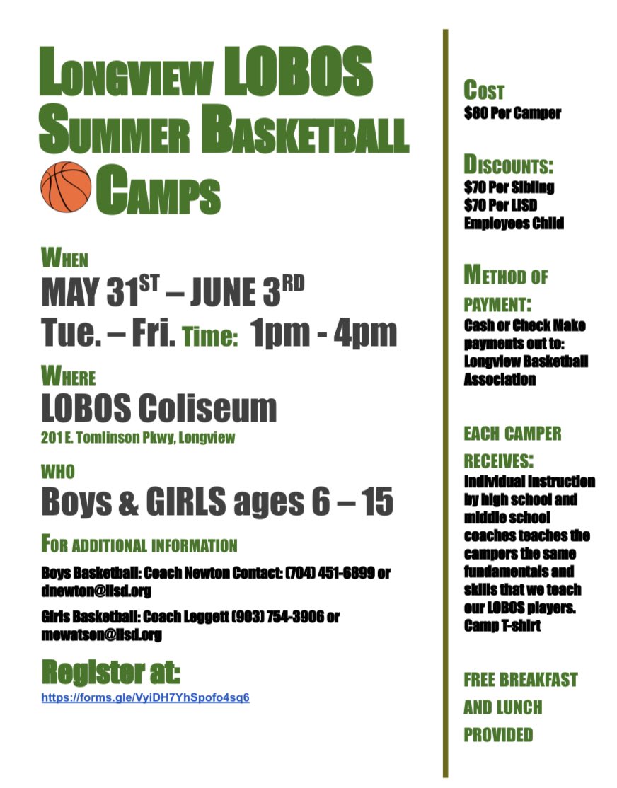 WardMaxward504's tweet photo. Longview Lobos Boys &amp; Girls Basketball 🏀 Camp, starting on May 31st-June 3rd, 1pm to 4pm at the Lobo Colosseum. Bring a friend. Fill out the form below. 
https://t.co/x2uKwdkZTF https://t.co/BFUHQqlBbf