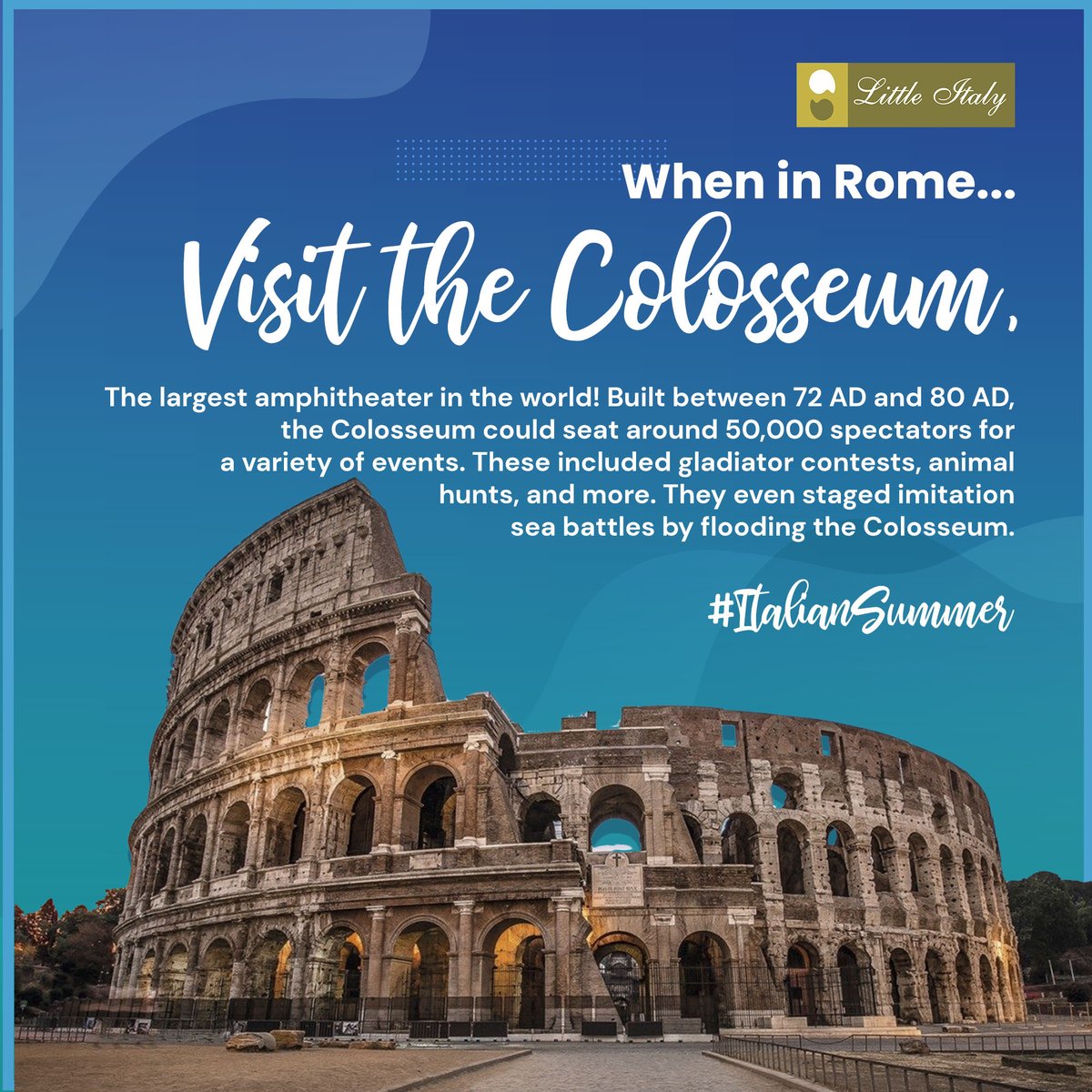 LittleItalyGrp's tweet photo. Planning to visit Rome this summer?
Here are three things you need to experience in Rome.

Do you have any suggestions for places to visit in Rome? Tell us in the comments!

P.S. To experience the delicacies of Rome, visit your nearest Little Italy outlet.

3 of 3
#LittleItaly https://t.co/KjhTafu4G8