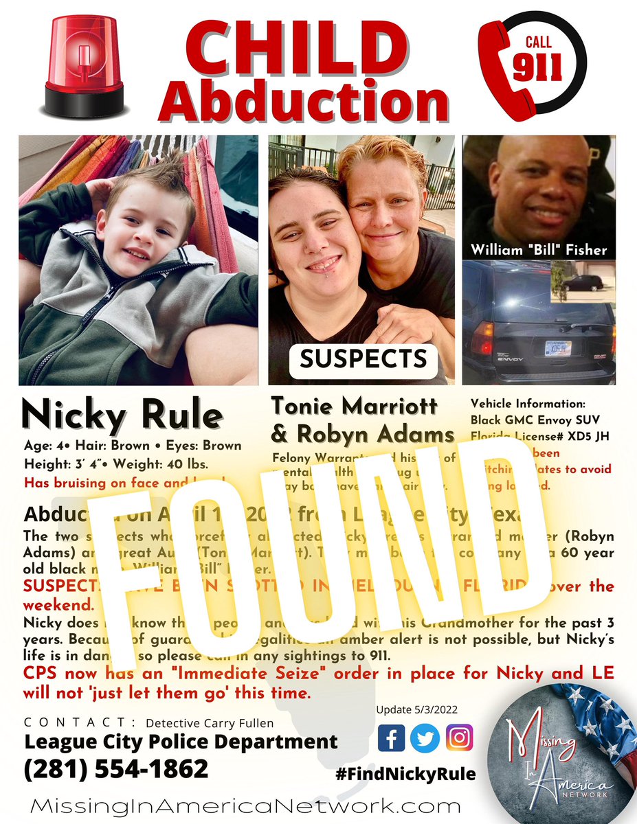 missingNamerica's tweet photo. UPDATE: Friday 13, 2022 - 💛FOUND💛 Grandma Tally (Mimi) is flying to FL to be reunited with Nicky this morning after the court orders finally coming through! 🙌🏼💛

UPDATE: Sat May 7, 2022 - Tonie Marriott has been arrested in St Augustine, FL. #FindNickyRule https://t.co/HI2hfkRIH3