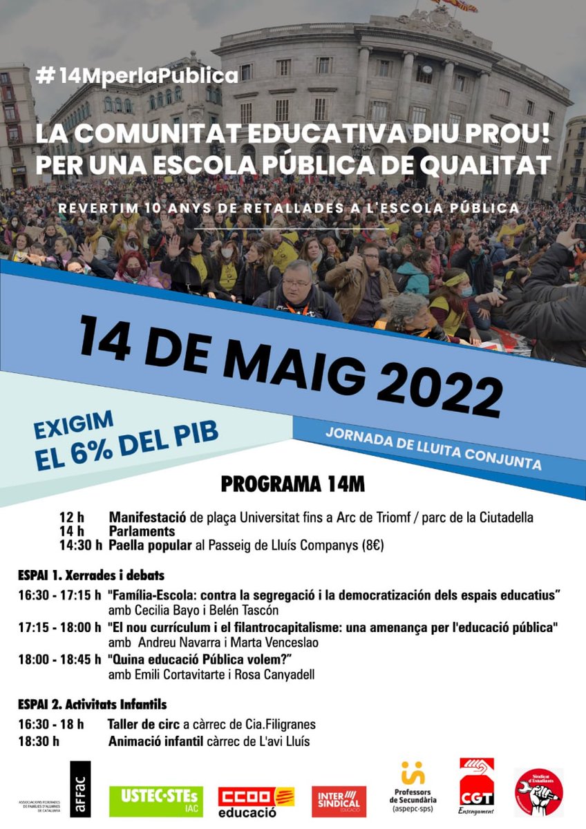 CoordiDocents's tweet photo. 📣 Demà tornem als carrers per una escola pública i de qualitat! ✊
Famílies, docents, PAS i estudiants diem prou a aquest menyspreu! 
📌 A les 12 h a la plaça Universitat fins a la Ciutadella.
#14Mperlapublica
#cambraydimissio https://t.co/Rc4Ge0RrLk