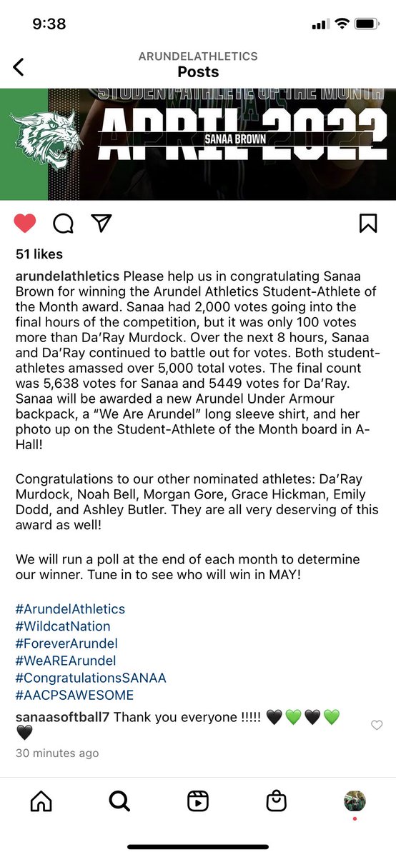 We did it!!!!  THANK YOU SO MUCH to everyone who shared, voted, refreshed and voted some more.  🖤💚. <a href="/ArundelSftBall/">ArundelSoftball</a> is having an AMAZING season and this just adds to it!!  So honored and happy.  Congrats to everyone who was nominated.