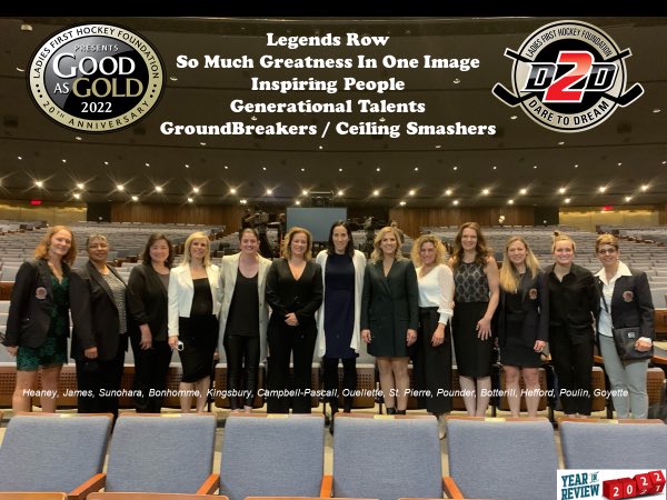 ladies1sthockey's tweet photo. D2D “Dare 2 Dream” 21/22 Year In Review Moment 16 – A True Legends Row…So Much Greatness &amp; Inspiration in one picture taken during @KimStPierre33 Hockey Hall of Fame Induction weekend.  Generational Talents / Ground-Breakers / Ceiling Smashers / Exceptional People #legendsrow https://t.co/PjI0xgS25Y