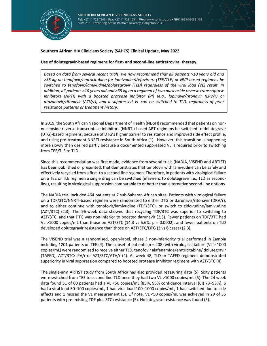 SAHIVSoc's tweet photo. Just out! #SAHCS Clinical Update, May 2022 
Use of #dolutegravir-based regimens for first- and second-line antiretroviral therapy. #HIVTreatment #healthcareworkers #PublicHealth @SpotlightNSP
@HealthZA @righttocaresa Link: https://t.co/39i3kL04yL https://t.co/0E6t6qxQ6L