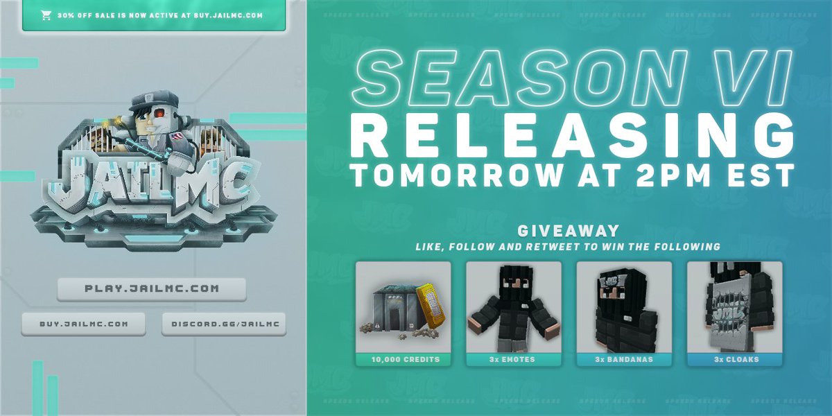 OP Prison Season VI release will take place this Tomorrow at 2PM EST!

GIVEAWAY⤵️
• 3x 10,000 Credits
• 3x Lunar Cloaks
• 3x Lunar Emotes

Simply Retweet, Follow <a href="/JailMCPrison/">JailMC</a>, and comment IGN!

IP: play.jailmc.com
Discord: discord.gg/jailmc