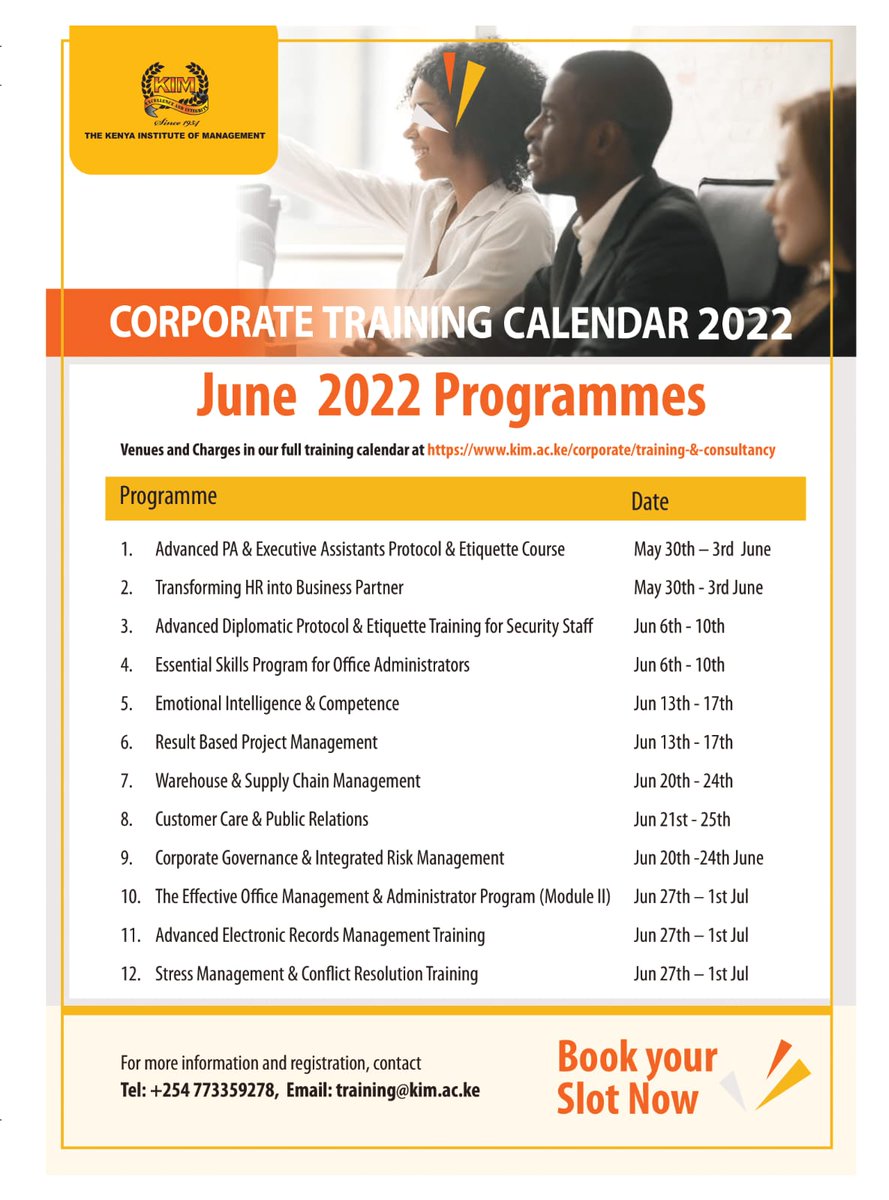 KIMKenya's tweet image. Training Programmes for the months of May &amp;amp; June 2022. Book your slot  via: May - forms.gle/3CM5pK7nehuBjV… 

June - forms.gle/8cqjtPzGTG5uyT…
 
#transformingHR #DiplomaticProtocol #supplychainmanagement #corporategovernance #electronicrecords #conflictresolution #conflictmanagement