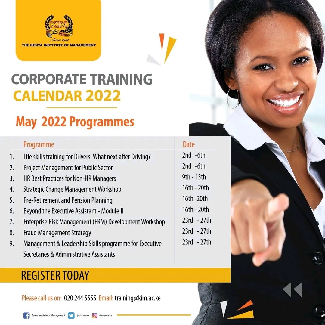 KIMKenya's tweet image. Training Programmes for the months of May &amp;amp; June 2022. Book your slot  via: May - forms.gle/3CM5pK7nehuBjV… 

June - forms.gle/8cqjtPzGTG5uyT…
 
#transformingHR #DiplomaticProtocol #supplychainmanagement #corporategovernance #electronicrecords #conflictresolution #conflictmanagement