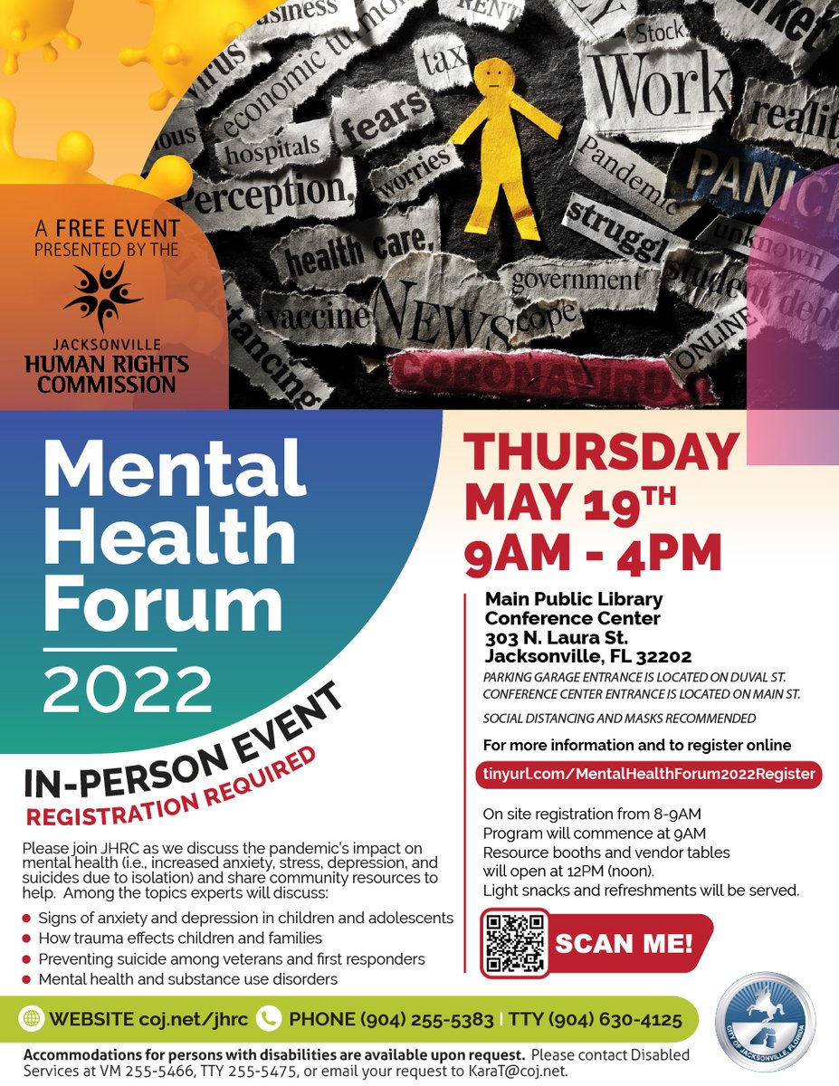 JaxCareConnect's tweet photo. Join us for a Mental Health Forum &amp; Community Resource event - hosted by @CityofJax, @jaxlibrary, and the #JacksonvilleHumanRightsCommission!

Register at: https://t.co/YjqrAlsFLu

#jaxcareconnect #nonprofit #health #healthequity #duvalcounty #jacksonville #uninsured #JHRC #COJ https://t.co/MPnPjVh7tc