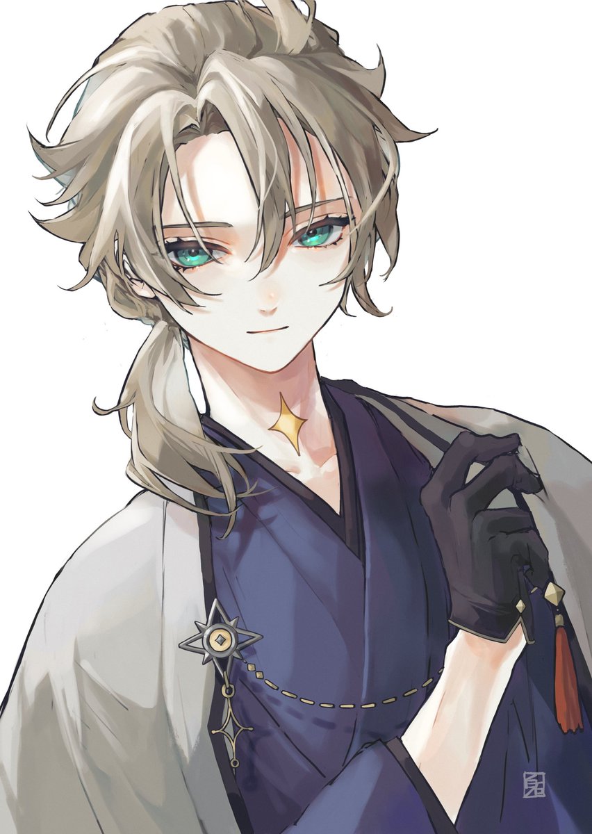 albedo (genshin impact) 1boy male focus solo japanese clothes gloves scar on neck black gloves  illustration images