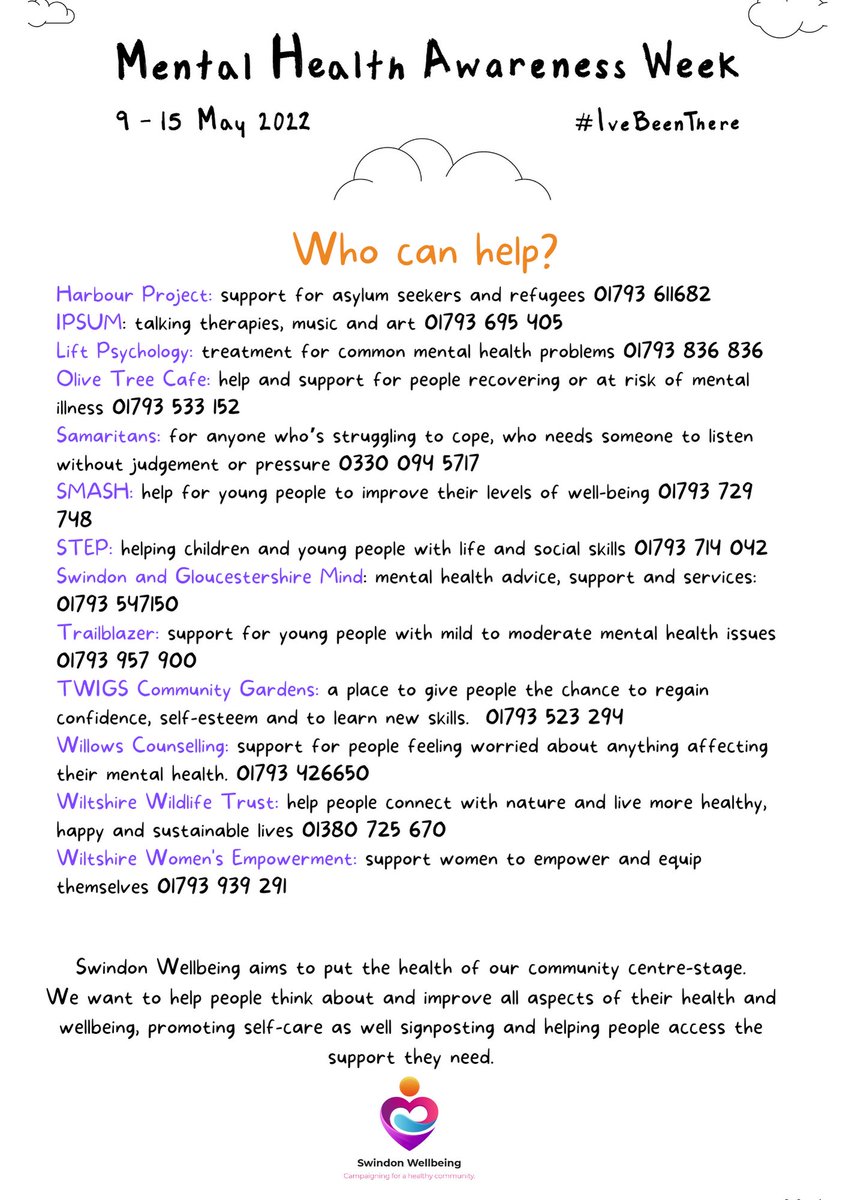 As #MentalHealthAwarenessWeek2022  comes to a end it is important to know who to contact if you feel as though you need support.
Save and share this photo of contacts so you know who to reach out to if you need them.
#ivebeenthere