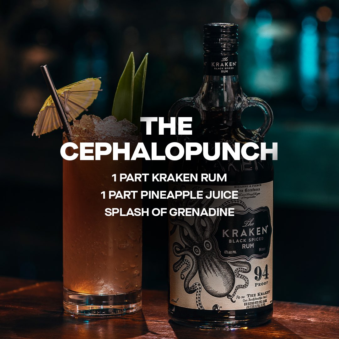 KrakenRum's tweet photo. When #NationalFruitCocktailDay lands on Friday the 13th, celebrate with a Cephalopunch. Recipe👇 #KrakenRum #StepIntoTheDark https://t.co/FSFxD9l6sj