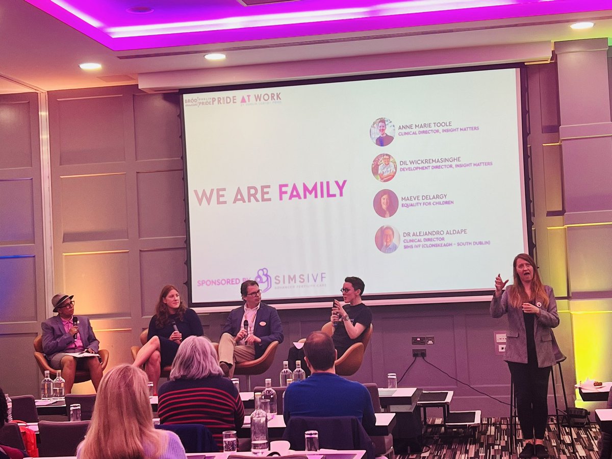 DublinPride's tweet photo. For our “We are Family” session, @DilW from @Insight_Matters is hosting a wonderful panel with her wife Anne Marie Toole who is also the clinical director, along with Maeve Delargy from @equalchildren and Alejandro Aldape who is the clinical director of @simsivf
#PrideAtWork22 https://t.co/WoCeLh5Nnb