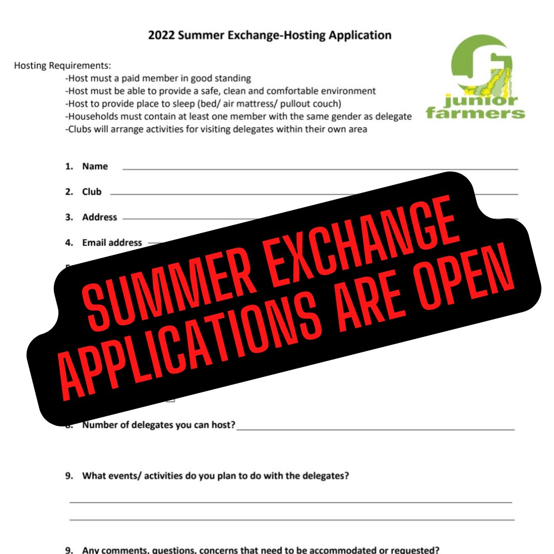 You can now apply to be a delegate or host for the summer county-to-county exchanges!
Exchanges will be July 15-17 &amp; August 5-7.
For questions or submit a form contact Karen De Bruyn at karen@jfao.on.ca by Friday, June 3.
drive.google.com/file/d/1ljAxKe…
 #exchange #summer #applynow