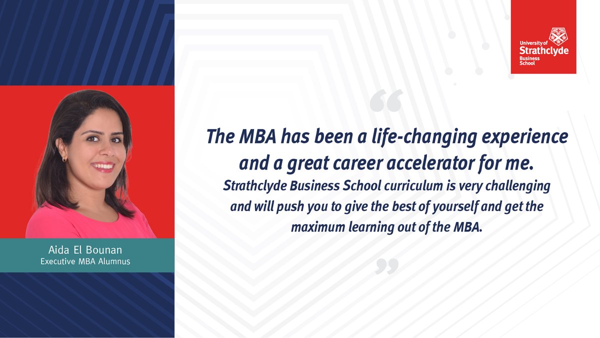 StrathclydeUAE's tweet photo. Our alumna student Aida El Bounan shares that the Strathclyde MBA curriculum pushes you to challenge yourself.

What will be your challenge?

To find out more about our Executive MBA visit https://t.co/o1s6imsgwe 

#mba #emba #womeninleadership #leadership https://t.co/TlMihzhajs