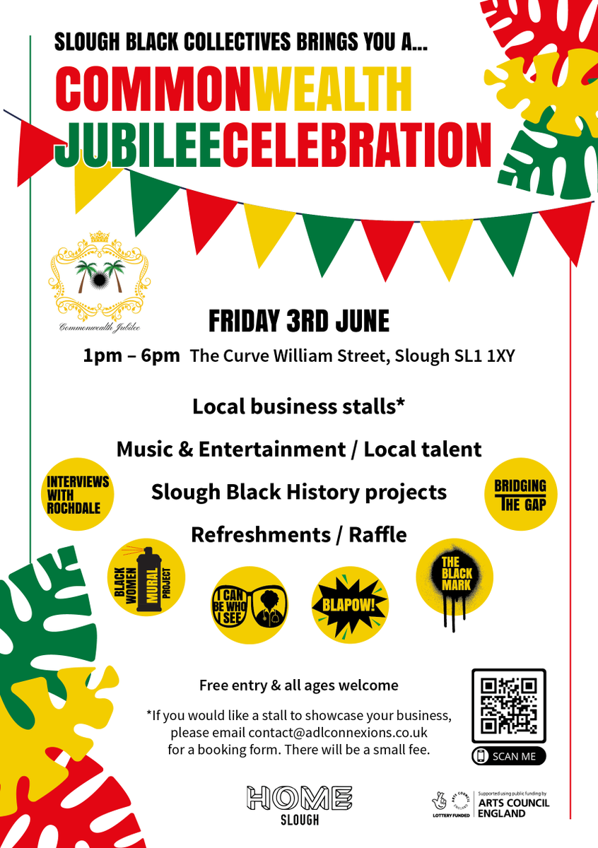 🥳 Come celebrate the Commonwealth Jubilee with Slough Black Collectives 🎉

It'll be a fun day with Slough residents, local creatives and artists. Book your tickets now!

eventbrite.co.uk/e/slough-black…. 

#CommonwealthJubileeCelebration
#SloughBlackHistory
#HOMESlough