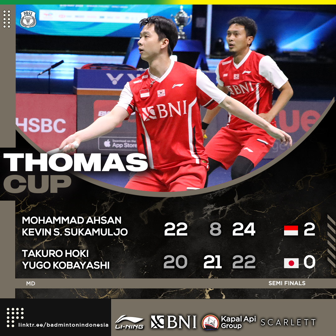 INABadminton's tweet photo. Menang rubber game, Kevin/Ahsan bawa Indonesia unggul 2-0 atas Jepang.

Ayo satu lagi! Mari doakan Jojo!

#BadmintonIndonesia #ThomasUberCup2022 #TUC2022 #ThomasCup2022 https://t.co/W4YMudQS4g