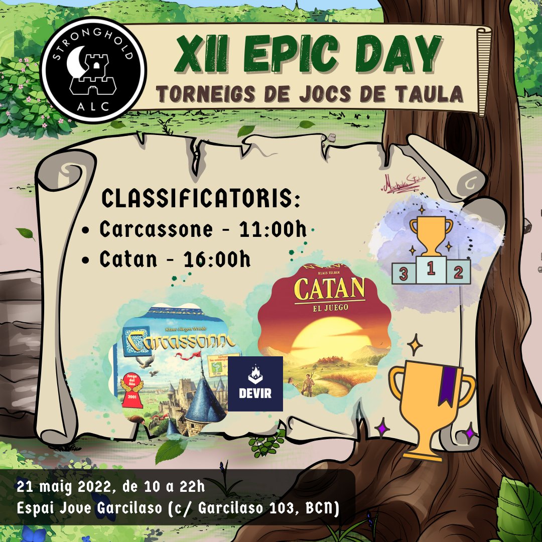 ALC_Stronghold's tweet photo. Aquests són tots els #torneigs que us podreu trobar al proper #XIIEpicDay!
🏆Classificatoris de #Catan i #Carcassone
🏆 #MultijocsAdults i #ColourBrain
🏆 #MultijocsInfantil i #Monstrys
🏆 #Kapadokya, #Troia i #Paris
📝Inscripcions: https://t.co/eyDhczsssX https://t.co/QfpJfNEYu4