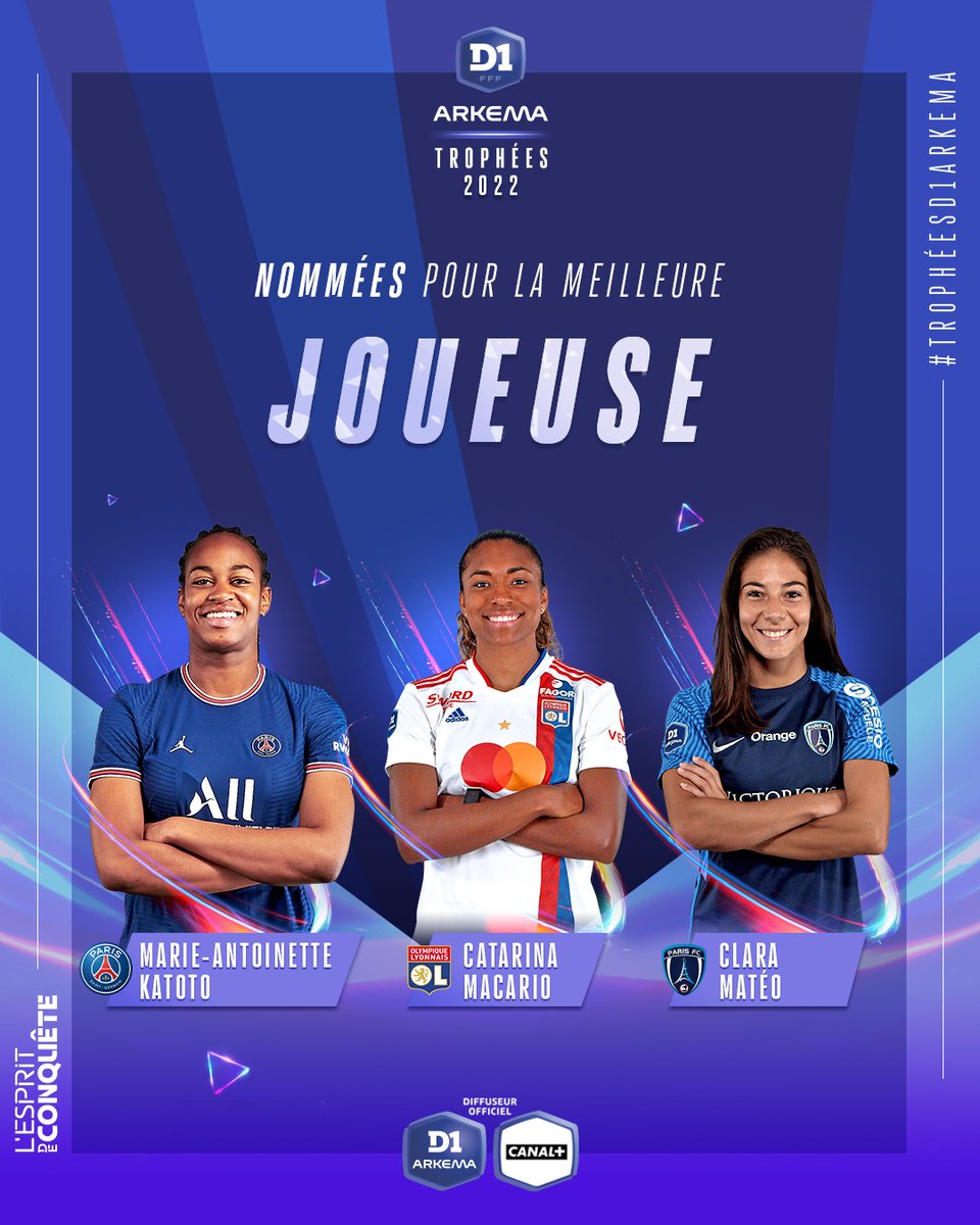 ⚽️Trophée de la 𝙢𝙚𝙞𝙡𝙡𝙚𝙪𝙧𝙚 𝙟𝙤𝙪𝙚𝙪𝙨𝙚 de la saison🏆

🔴 Marie-Antoinette KATOTO (<a href="/PSG_Feminines/">PSG Féminines</a>)
🟢 Catarina MACARIO (<a href="/OLfeminin/">meg</a>) 
🔵 Clara MATEO (<a href="/PFC_feminines/">Paris FC Féminines</a>) 

Découvrez le résultat lors des Trophées de la #D1Arkema le lundi 23 mai à 20h45 sur <a href="/CanalplusSport/">CANAL+ Sport</a> 📺