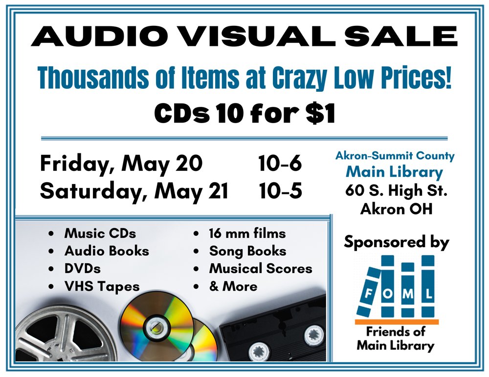 akronlibrary's tweet photo. The Friends of Main Library are hosting their first-ever AV Sale. DVDs, Blu-rays, VHS, CDs, songbooks, scores, audiobooks, and much more will be available at bargain prices! 🤑 📀🎵🎥

Friday, May 20 - 10 am to 6 pm
Saturday, May 21 - 10 am to 5 pm

https://t.co/Z2HnVI3tjl https://t.co/8oH8GKjr8U