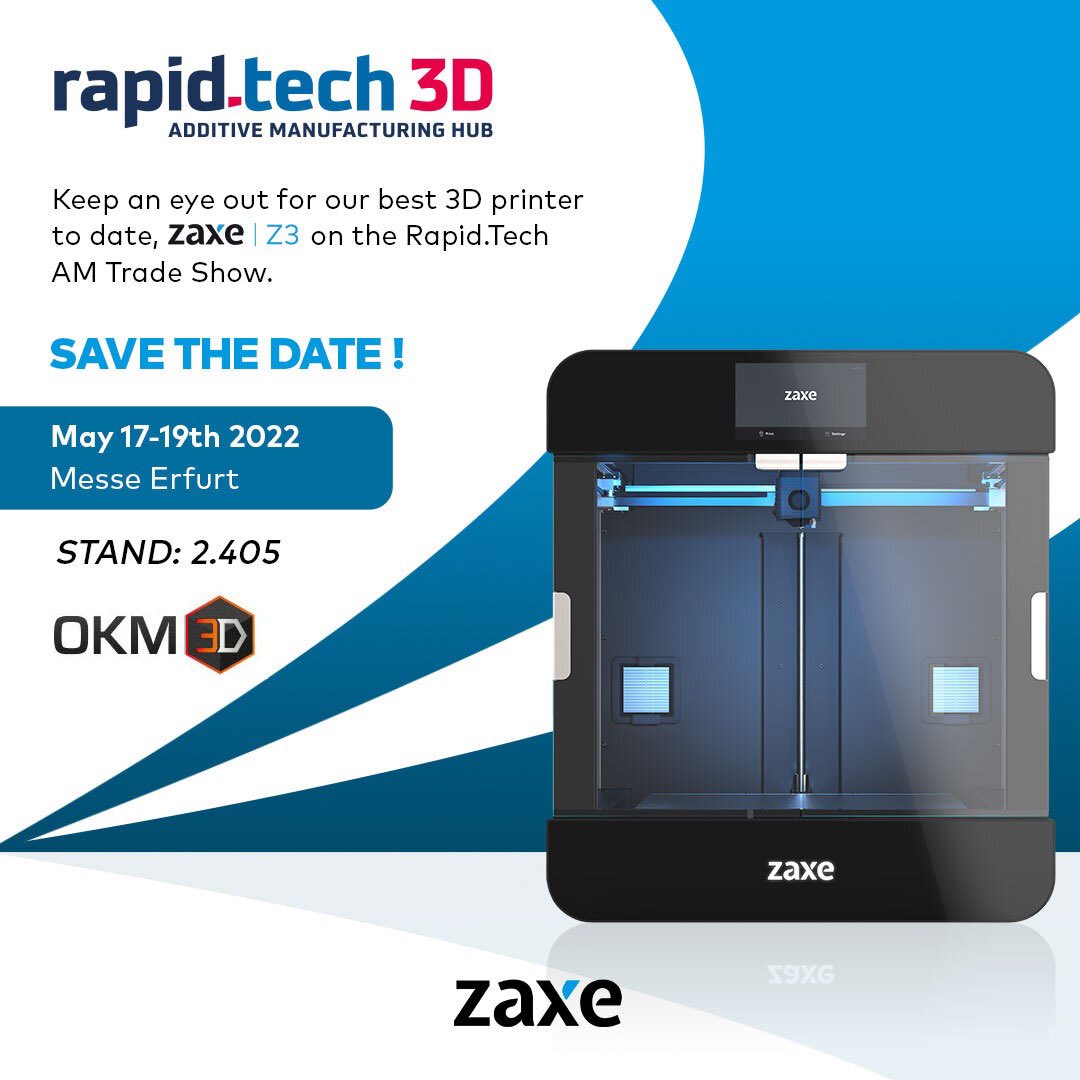 Zaxe3D's tweet photo. Zaxe will be at the @rapidtech_3d AM Trade Show held in Messe Erfurt between 17-19 May. You can visit @okm3d stand number 2.405 to take a closer look at Zaxe Z3 with its superior features and stylish design.
#Zaxe #3dprinters #Z3 #RapidTech #OKM3D https://t.co/4tAhwxi4UQ