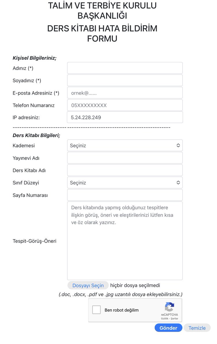 📚 💬  Bakanlığımıza bağlı okullarda okutulan ve ders kitabı hüviyeti taşıyan basılı materyallerde hata olarak nitelendirdiğiniz bir husustaki görüşünüzü aşağıdaki hata bildirim formumuz aracılığıyla iletebileceğinizi biliyor musunuz?

🔗👉 ttkb.meb.gov.tr/kitap_hata_for…
