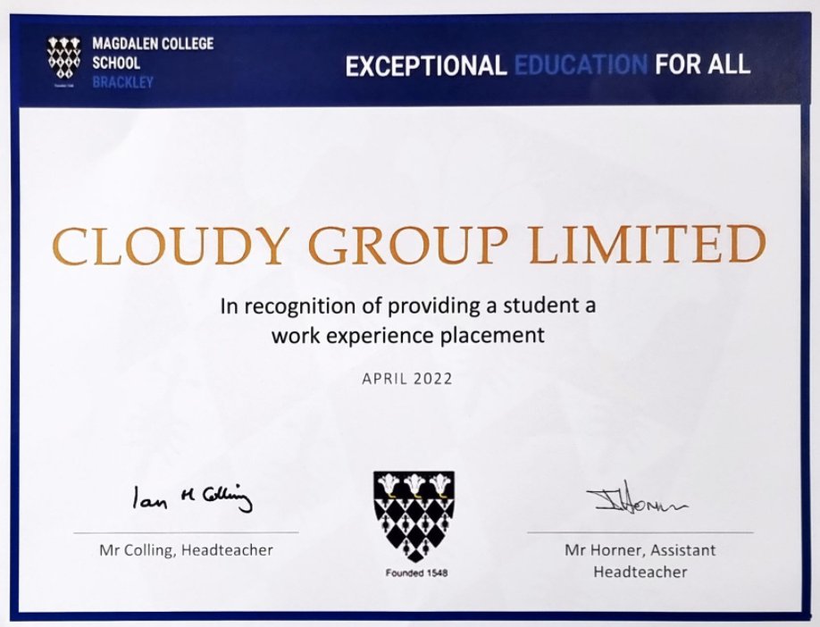 We are thrilled to have received this award from <a href="/MCSBrackley/">Magdalen College School Brackley</a>. We are thrilled to be working with young people like Kane, providing them with experience to build their confidence and explore roles within the IT sector. 

cloudyit.co.uk/2022/04/23/kan…

#cloudyit #cloudyenterpriseacademy
