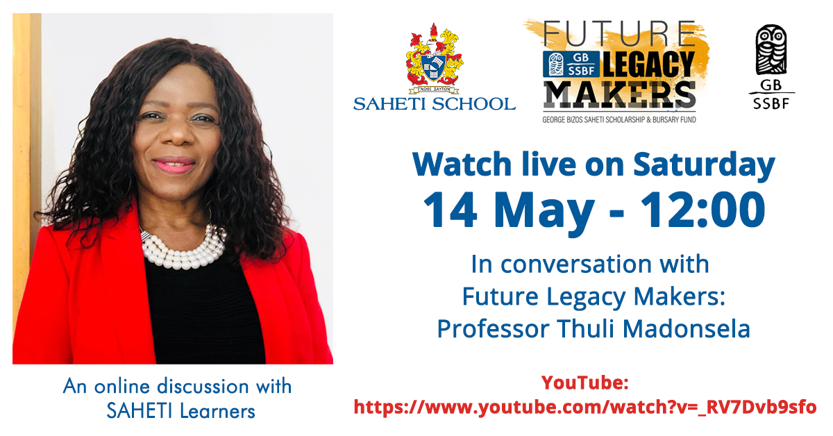 Watch the live streaming of Prof Thuli Madonsela: In Conversation With - Future Legacy Maker. An online discussion with SAHETI learners tomorrow, Sat 14 May 2022 at 12:00pm. youtube.com/watch?v=_RV7Dv… #inconversationwith #youthvoices  #sahetischool #GBSSBF #creatingfuturelegacies
