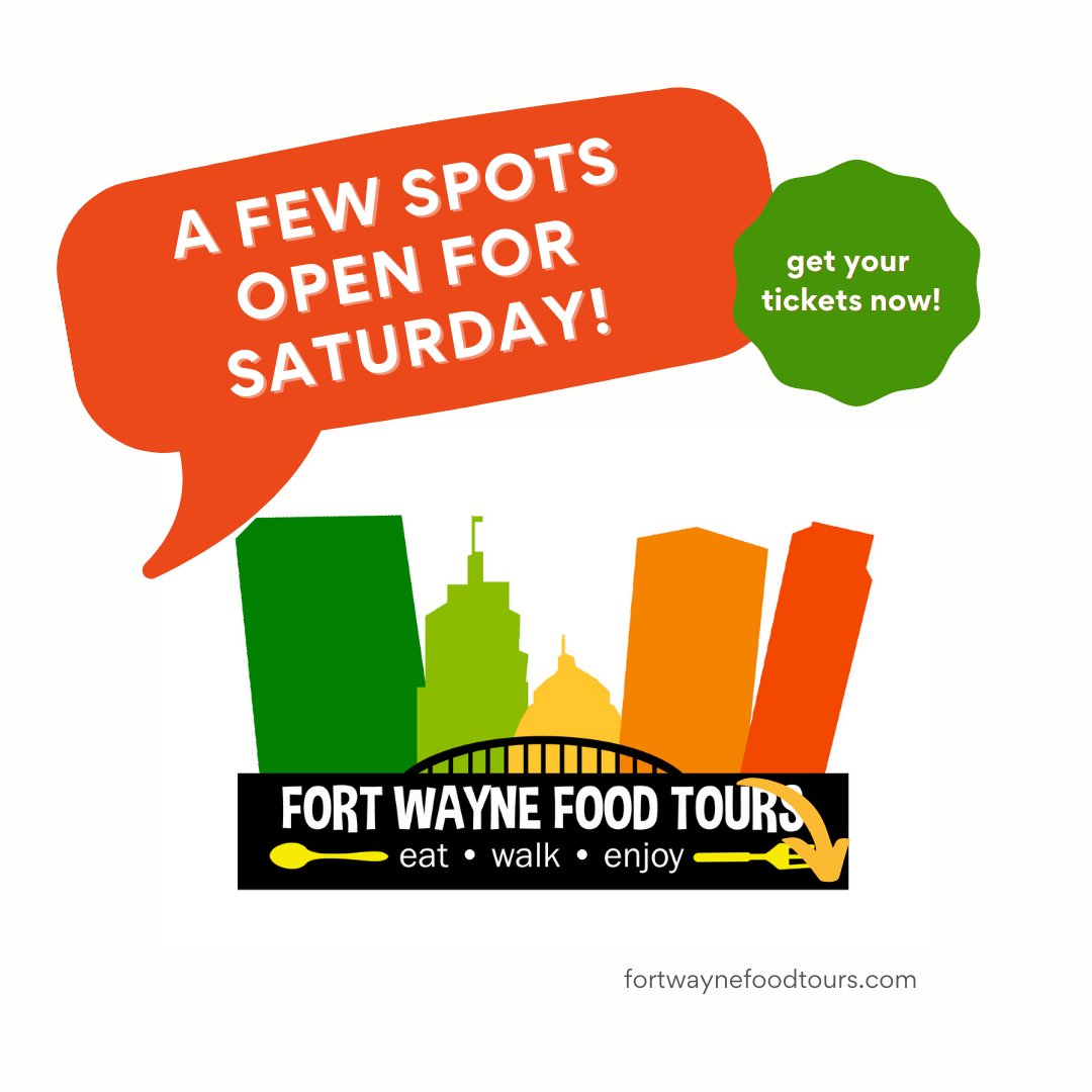 FWFoodTours's tweet photo. We have a few spots open on our tour TOMORROW! We'd love for you to join us. Message us for a last minute discount code!
Book today: https://t.co/lDPvwNUIx8
#fwft #fortwayne https://t.co/Dl8KsxbE3z