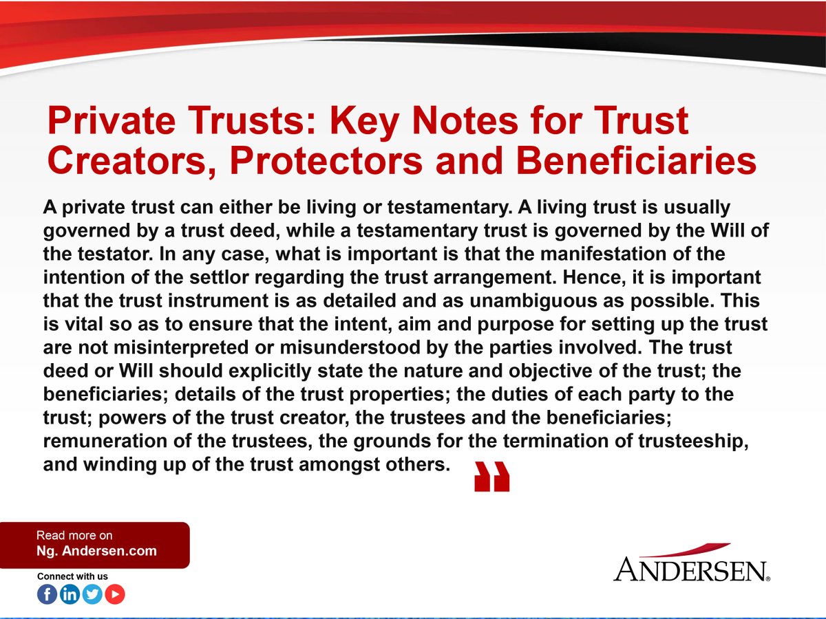 AndersenNigeria's tweet photo. This is an extract from our article "Private Trusts: Key Notes for Trust Creators, Protectors and Beneficiaries"
https://t.co/LpO5nJfcPV
#privatetrust #trustcreators #protectors #beneficiaries #privatertustarrangement #nigeria https://t.co/XU5J6M15Qj
