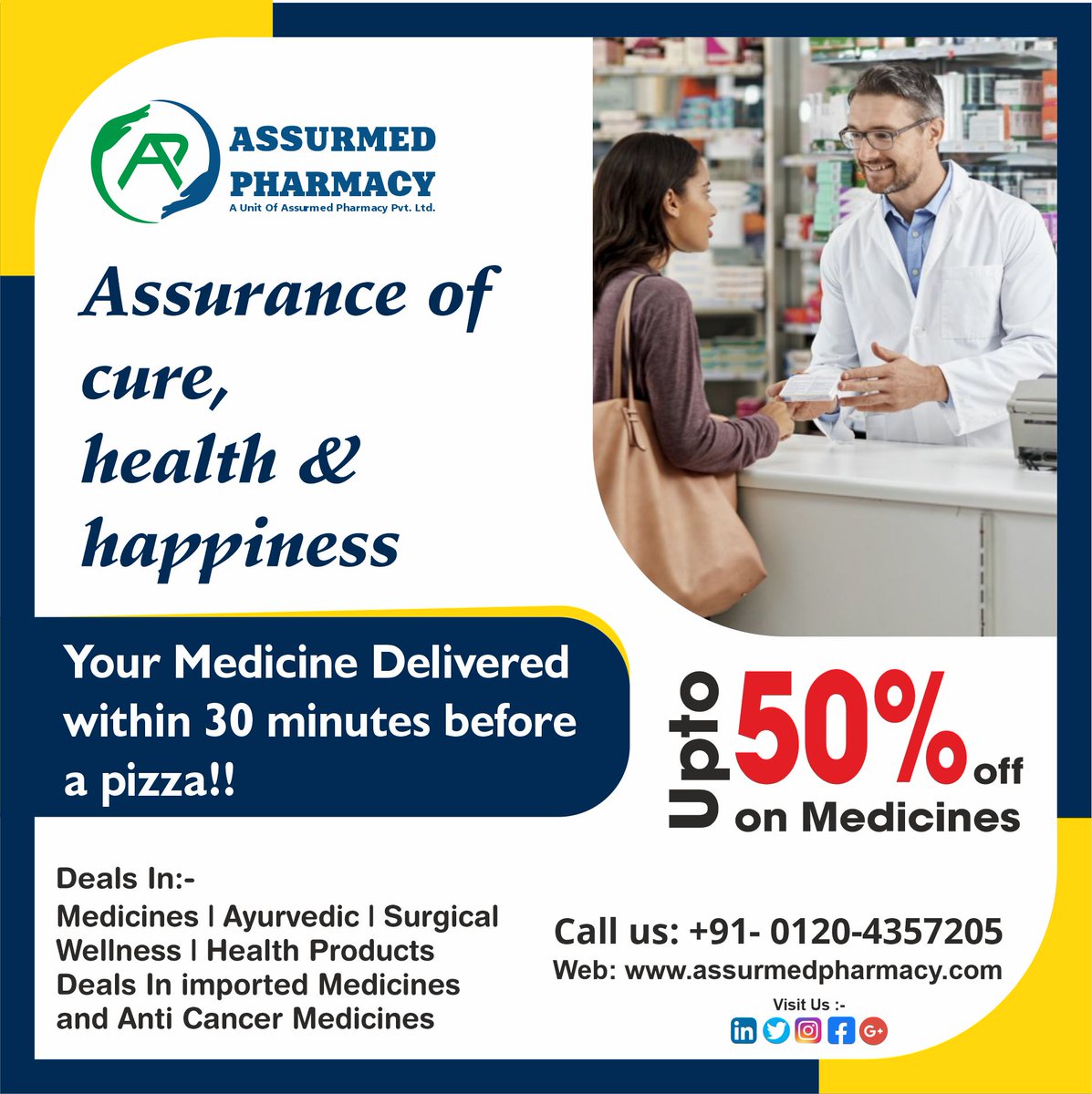 assurmedphrmacy's tweet photo. Your Medicine Delivered within 30 minutes before Pizza !!
Upto 50% OFF on Medicines. 
Assurance of Cure, Health &amp; Happiness. 
Visit Us:- https://t.co/aPOGIJ0QmP

 #local #girl #assurance #firstborn #firstaid #timeless #time #cure #curese #curedmeat #medicinestudent #medicines https://t.co/oA4R2YFavJ