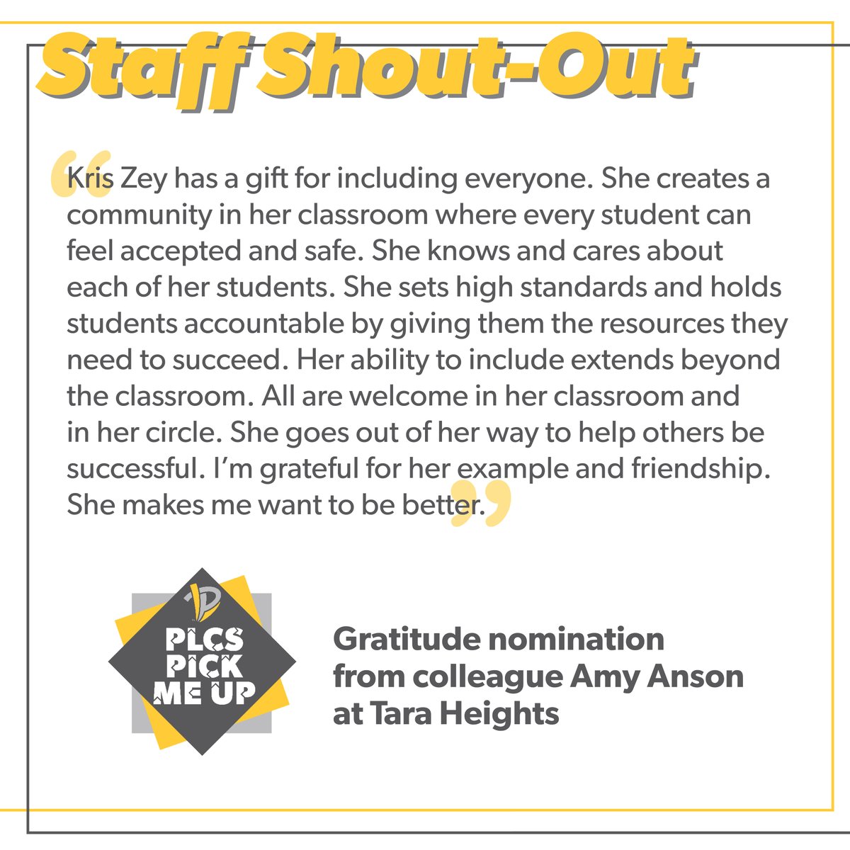 The PLCS staff has done a tremendous job in encouraging each other by sharing what they appreciate about their colleagues through the PLCS Gratitude nominations. Spread the gratitude by giving your own shout-out to a PLCS staff member in a comment!  #PLCSProud