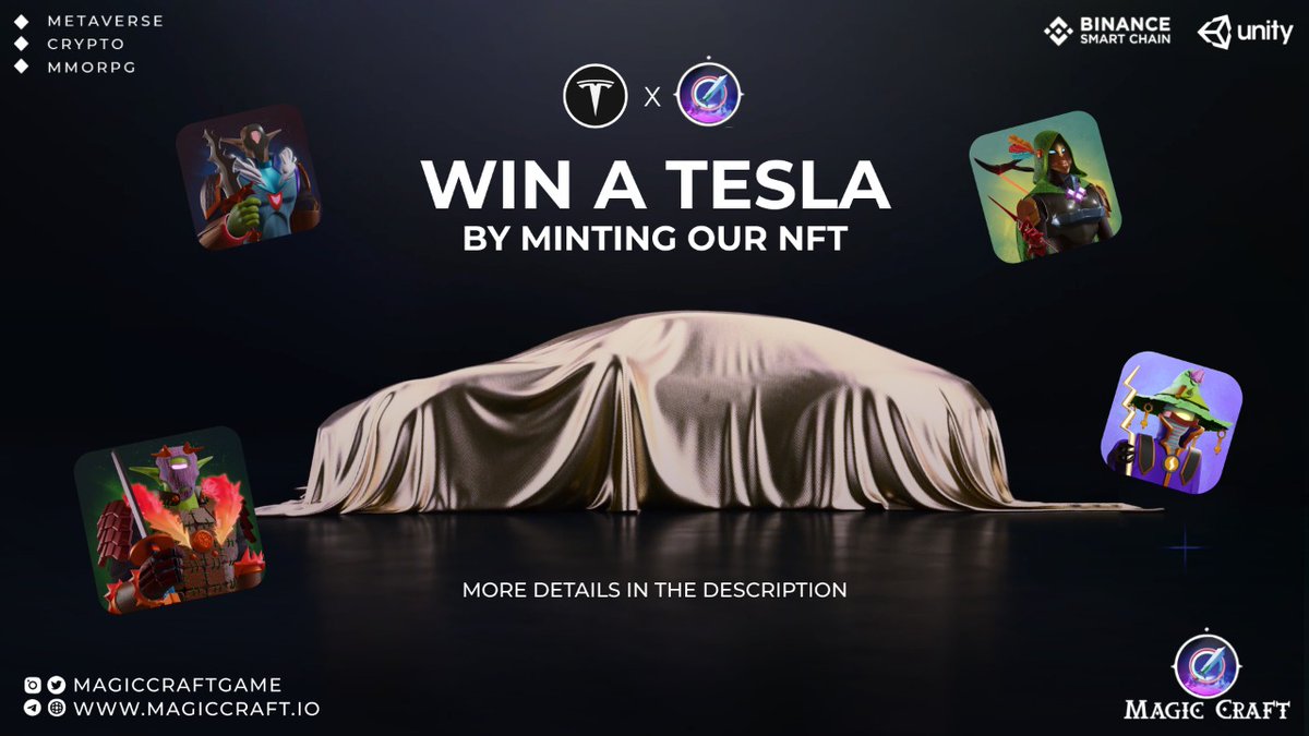 MagicCraftGame's tweet image. 📢 WIN A @Tesla WITH #MAGICCRAFT #NFT 📢

One golden ticket to be won with the #NFT Genesis Collection Mint  🎫

#MagicCrafters, are you ready to win a #Tesla? How many #NFTs are you getting?🤔

Let us know in the comments 👇
