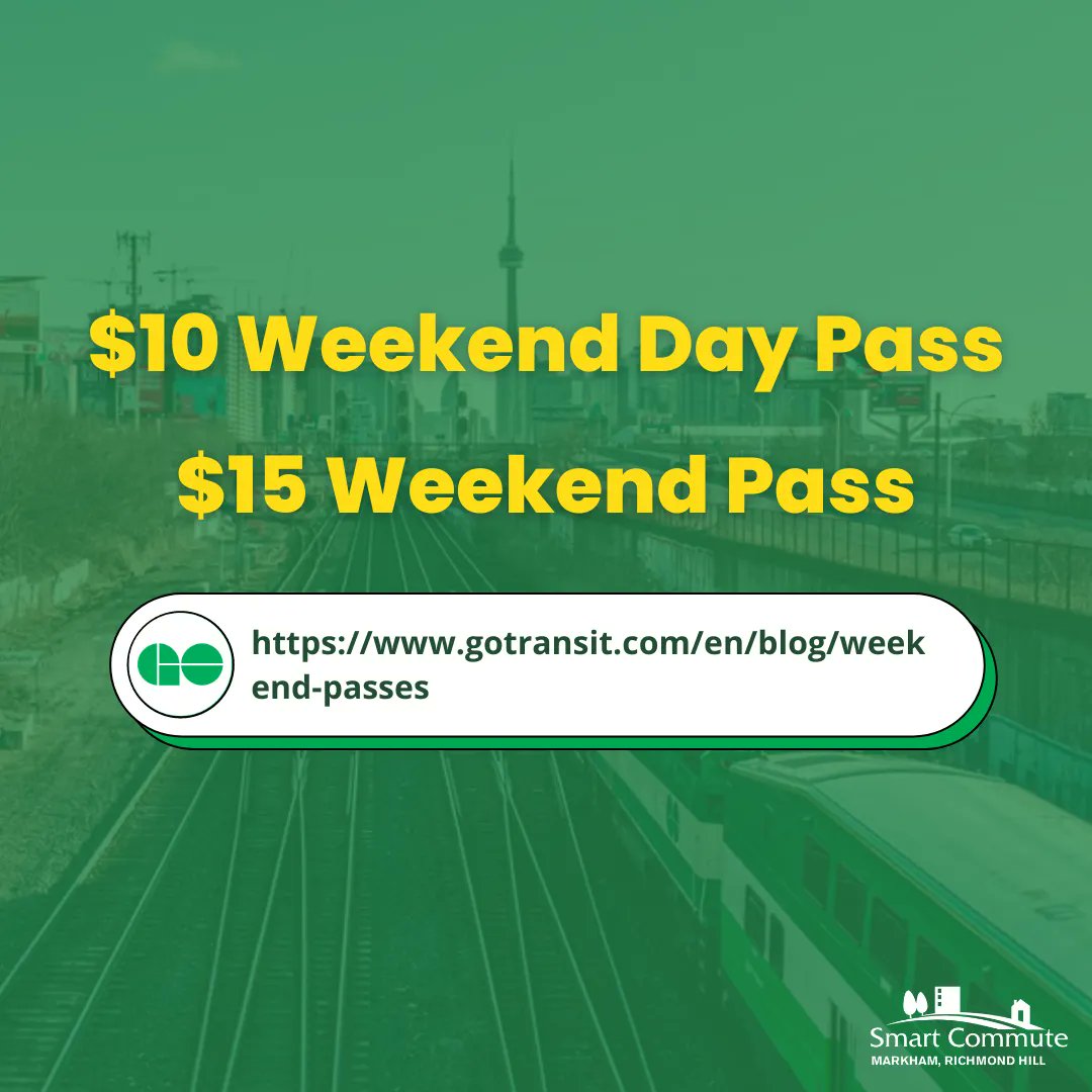 Go for a weekend trip while saving money with the <a href="/GOtransit/">GO Transit</a> weekend pass! Get unlimited travel with a One Day Pass for $10 or a Weekend Pass for $15. 🚉

Visit buff.ly/398oTXG for more information. #SaveMoney #PublicTransit #SustainableTransportation