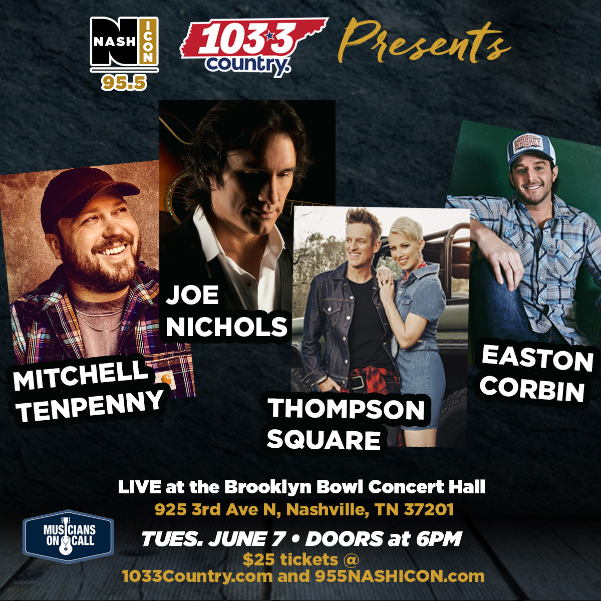 1033Country's tweet photo. Nashville! You know the country music's hottest week is coming soon &amp; what better way to start off than at the @BBowlNashville with @m10penny, @JoeNichols, @thompsonsquare, and @eastoncorbin! Tickets are only $25 &amp; are on sale NOW! See you there🤩 https://t.co/QtIsVZ3NLW